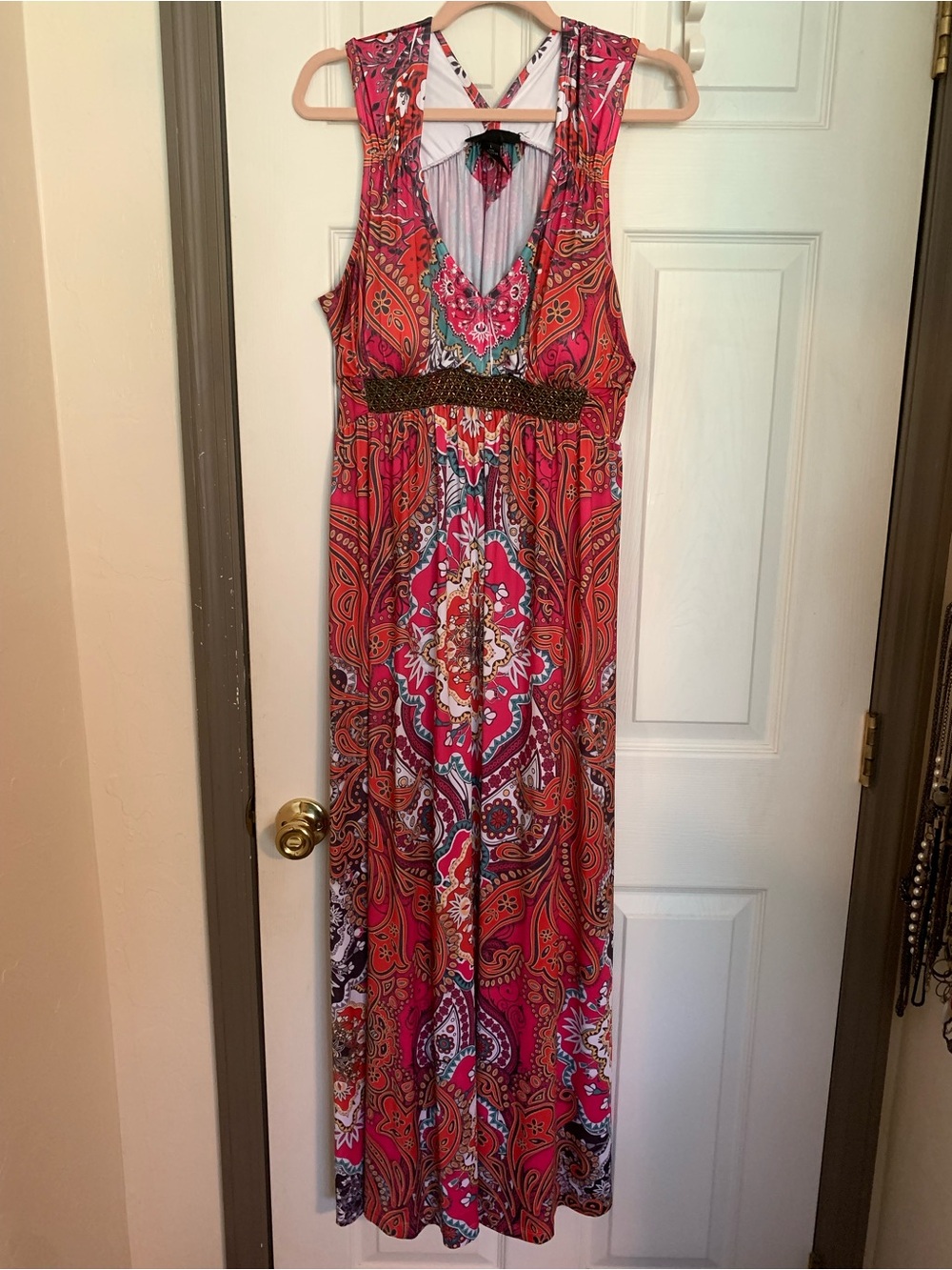 Sleeveless Red Paisley Maxi Dress with Beaded Waist